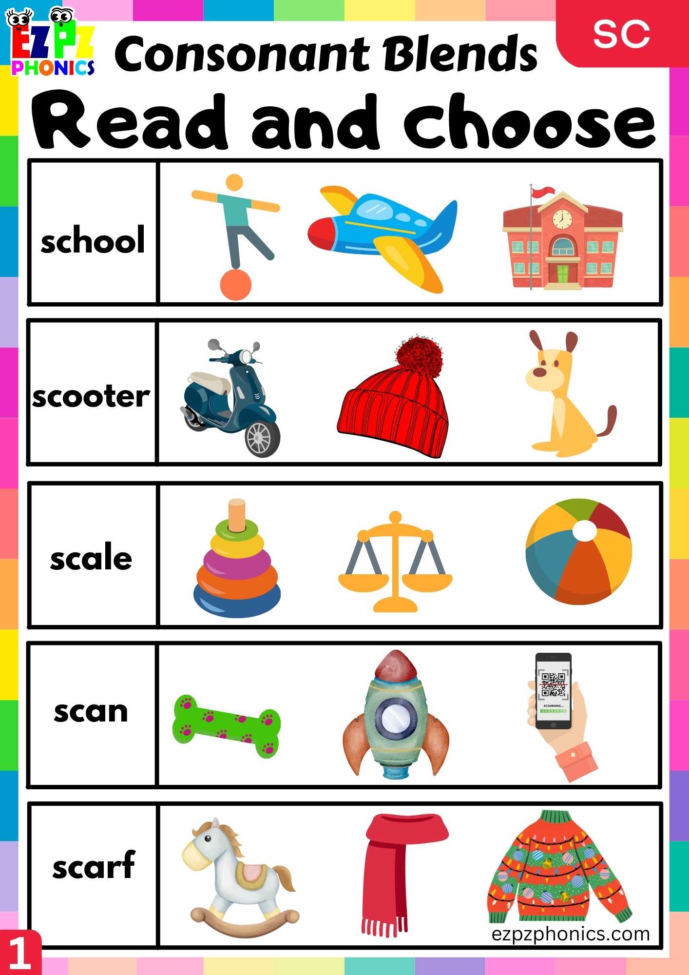 Group1 SC Words Read And Choose Phonics Consonant Blends Worksheet
